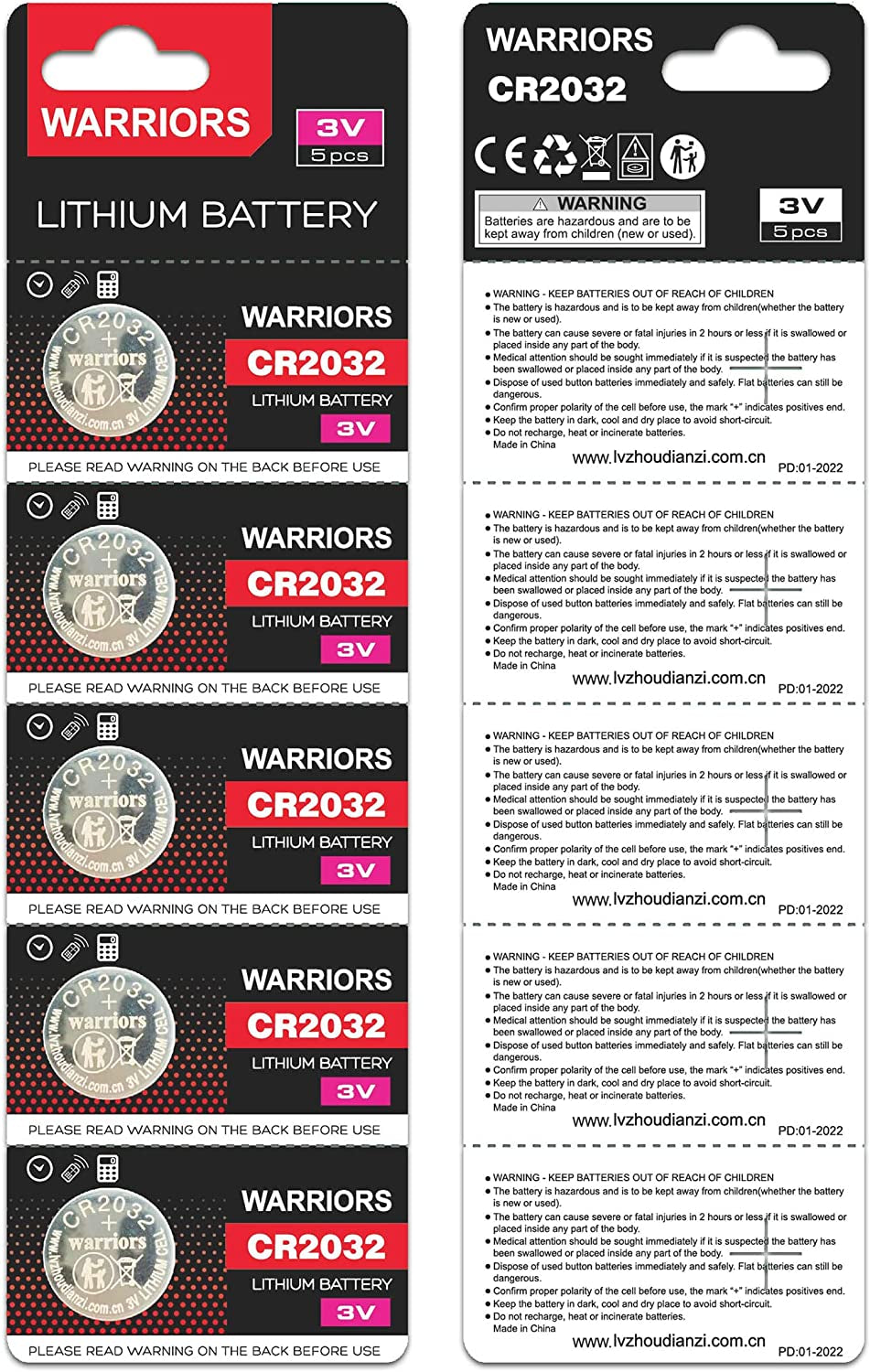 Warriors 2032 CR2032 Coin Button Cell 3V 3 Volt Lithium Batteries 5X Retail Pack Compliant with Coin Battery Safety Standards 2020